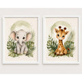 Set 2 Cuadros Dormitorio Infantil Animalitos Tonos Suaves Marco Blanco