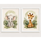 Set 2 Cuadros Dormitorio Infantil Animalitos Tonos Suaves Marco Blanco