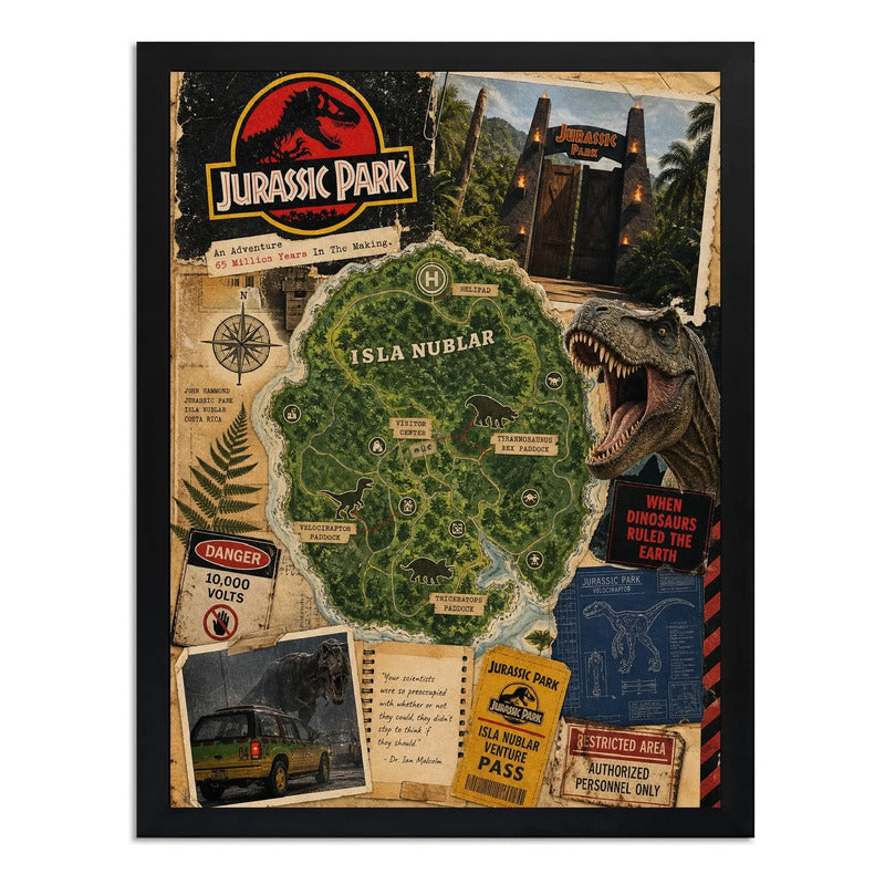 Cuadro Jurassic Park Mapa Isla Nublar Dinosaurio B2 Pelicula Marco Negro