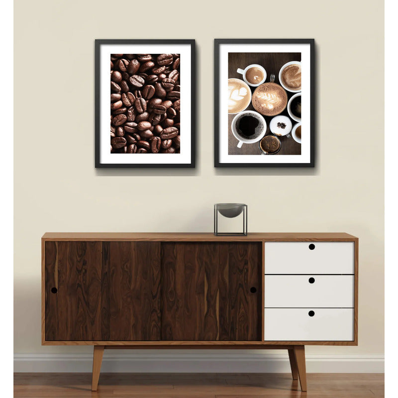 Set 2 Cuadros Café Tipos Grano Recetas Bebidas Coffee Cocina Marco Negro