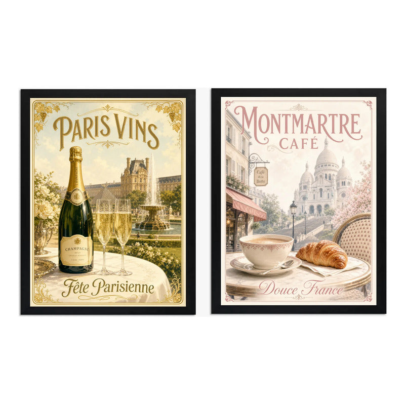 Set 2 Cuadros Café Champán Paris Retro Decora Cocina Living Marco Negro