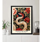 Cuadro Serpiente Lunar Zodiaco Peonias Floral Botanico Arte Serpiente Y Peonias 1 Marco Negro