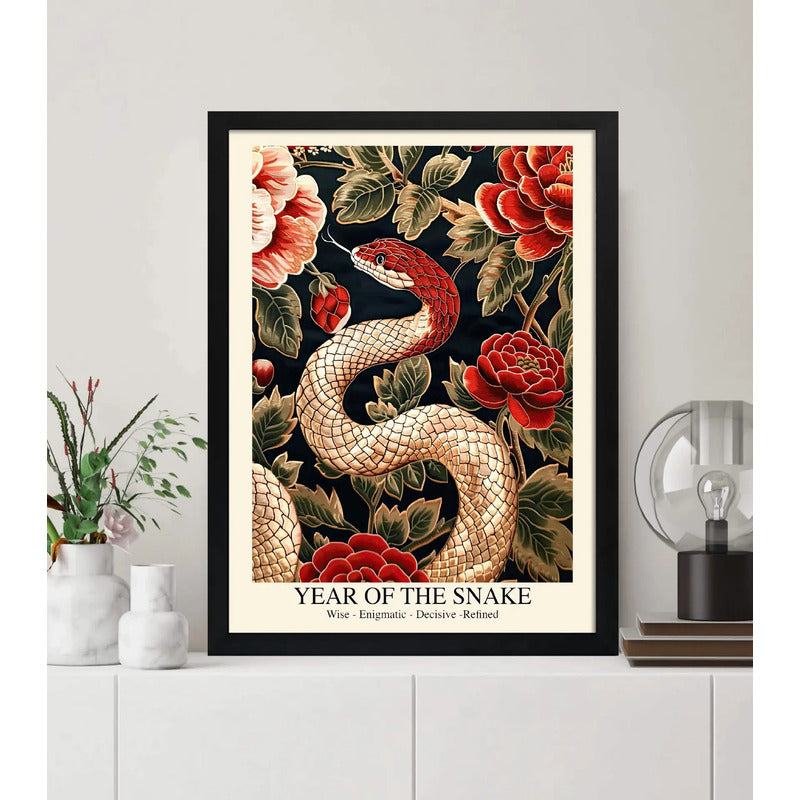Cuadro Serpiente Lunar Zodiaco Peonias Floral Botanico Arte Serpiente Y Peonias 1 Marco Negro