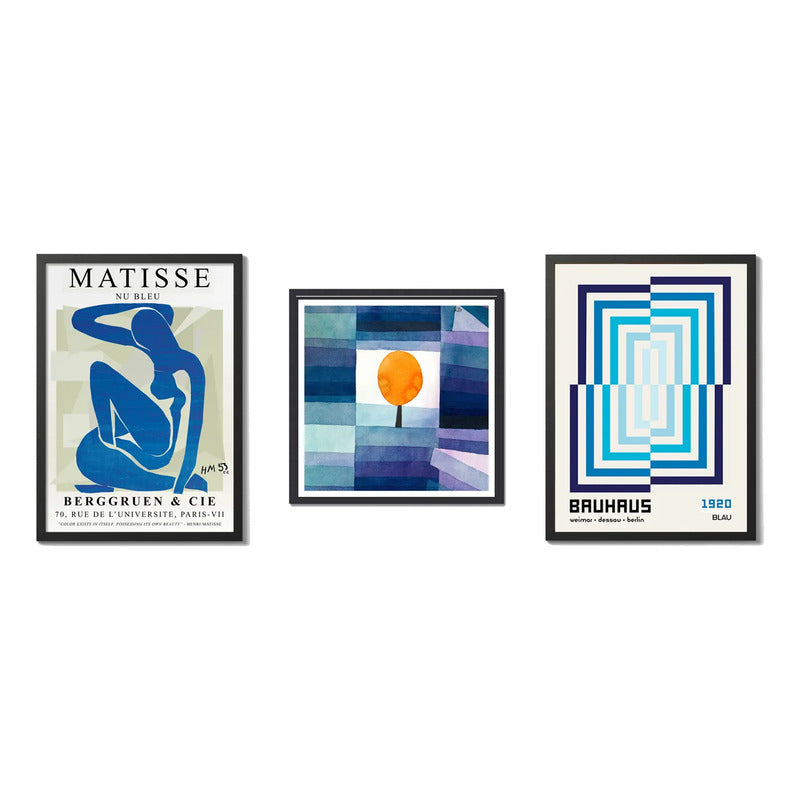 Set 3 Cuadros Para Living Cocina Estudio Tonos Azul Indigo Paul Klee Matisse Bauhaus Con Marco Negro