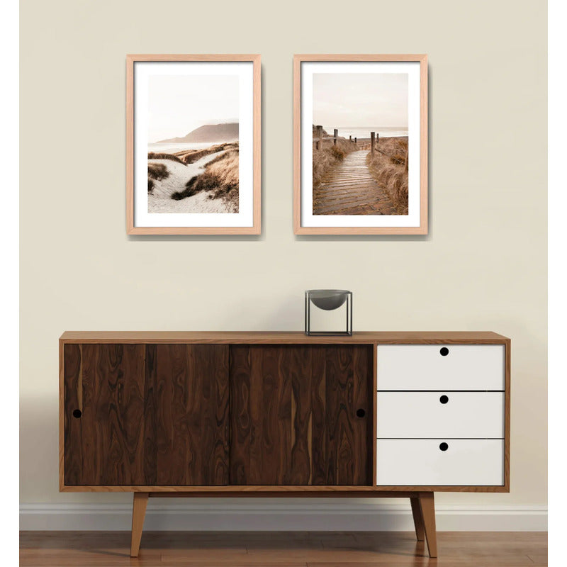 Set 2 Cuadros Paisajes De Playa Tonos Beige Neutros Dunas Marco Madera Natural Oak