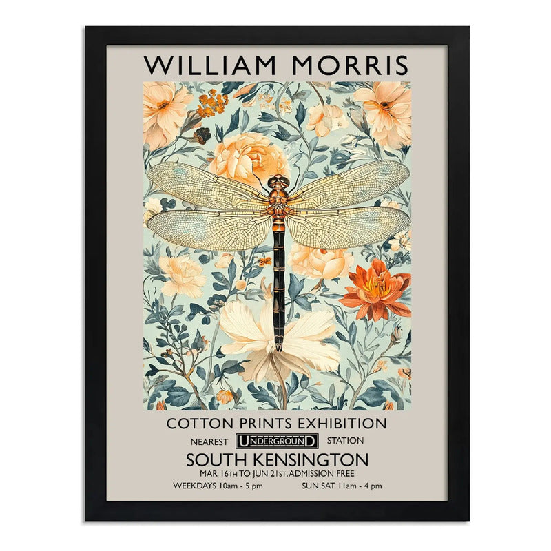 Cuadro Libélula Flores Elegante William Morris Botanico Brs1 Marco Negro
