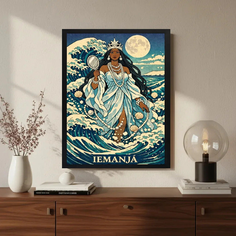 Cuadro Iemanja Diosa Del Mar Afro Orixa Umbanda Arte Olas Marco Negro