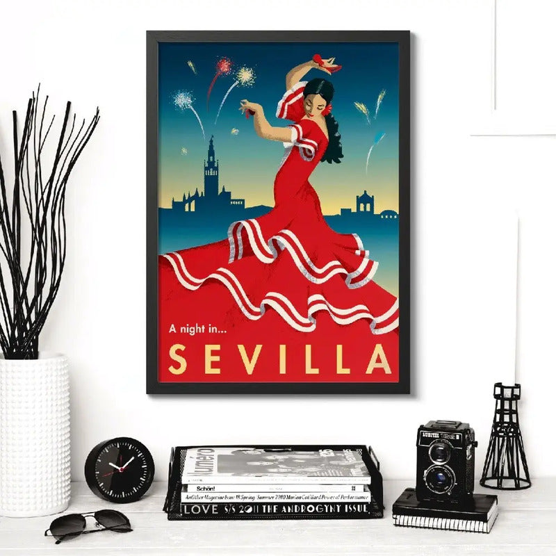 Cuadro Ciudades Vintage Retro Espana Francia Brasil China Sevilla Espana Vintage 1 Marco Negro