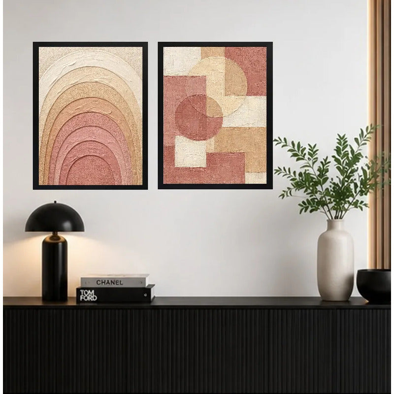 Set 2 Cuadros Boho Arte Abstracto Tonos Tierra Decora Living Marco Negro