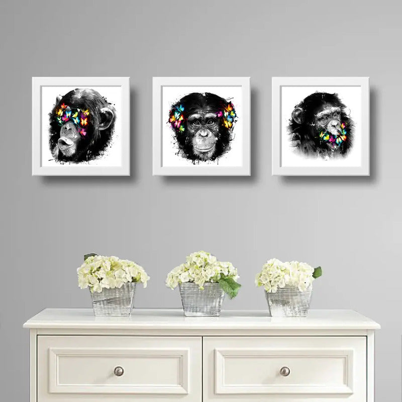 Set 3 Cuadros Monos Mariposas Pop Art Color Chimpancé Decor
