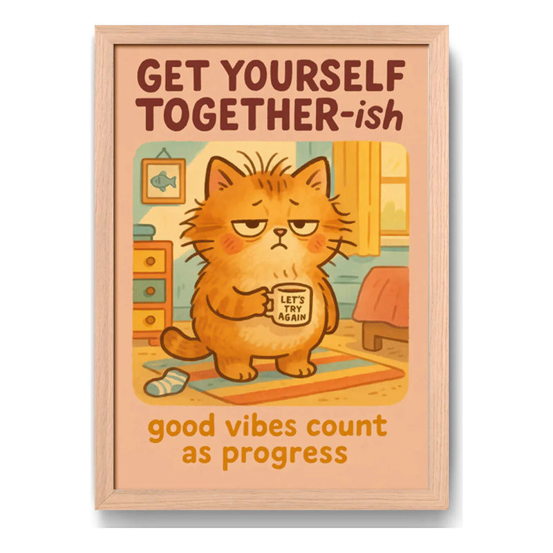 Cuadro Gato Café Frase Organízate Un Poco Cocina Marco Oak Marco Marrón Claro