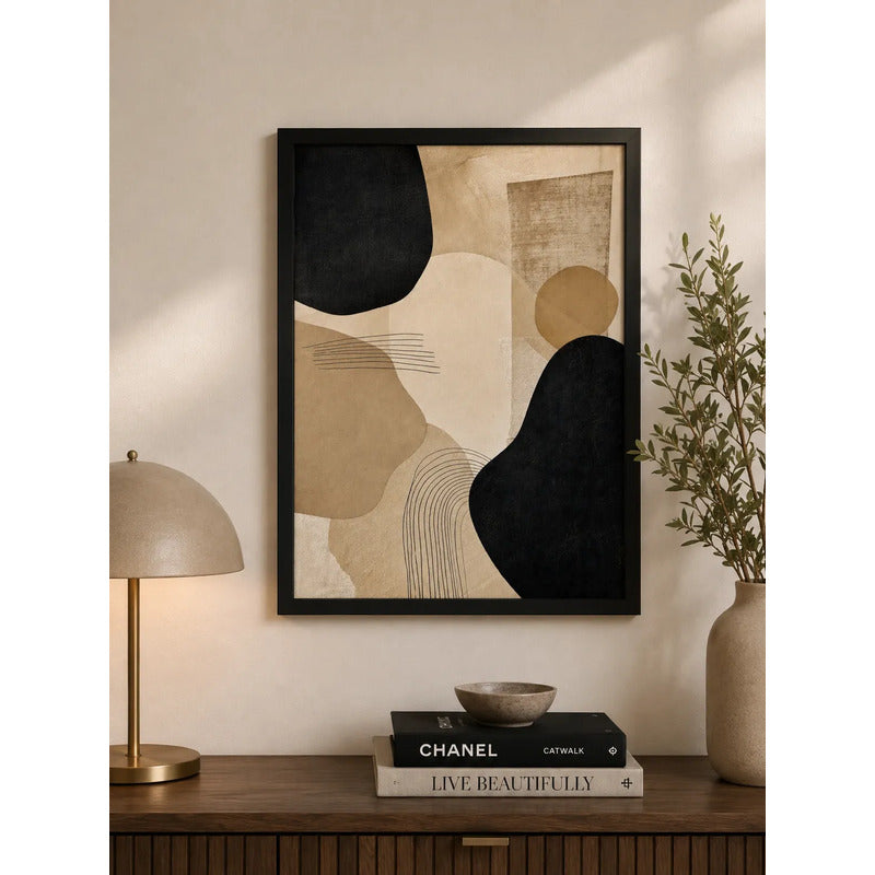 Cuadro Living Dormitorio Boho Abstracto Beige Crema Negro Marco Negro