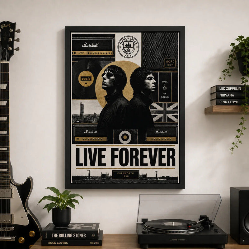 Cuadro Oasis Live Forever Manchester City Futbol Arte Rock Marco Negro