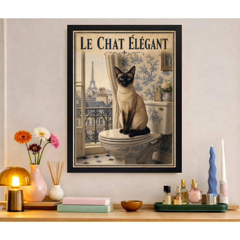 Cuadro Baño Le Chat Elegant Gato Paris Perfume Retro Arte Marco Negro