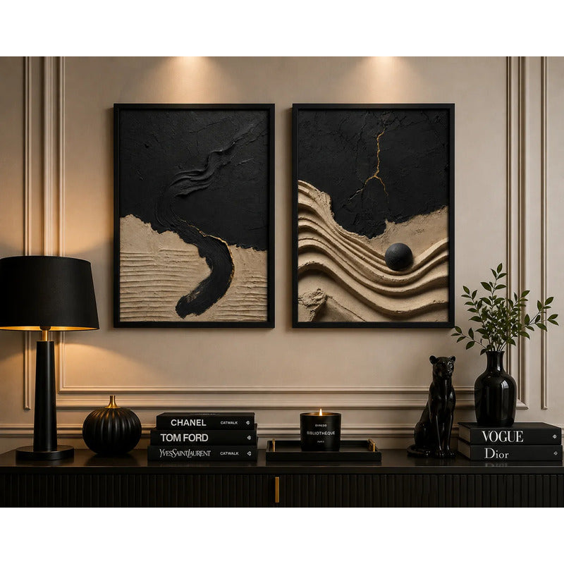 Set 2 Cuadros Living Dormitorio Abstracto 3d Beige Negro Br2 Marco Negro