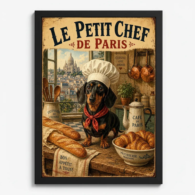 Cuadro Perro Salchicha Le Petit Chef De Paris Pan Art Cocina Marco Negro