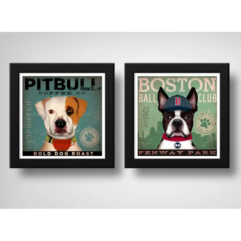 Set 2 Cuadros Pitbull Boston Perro Cafe Pop Art Mascota Pet