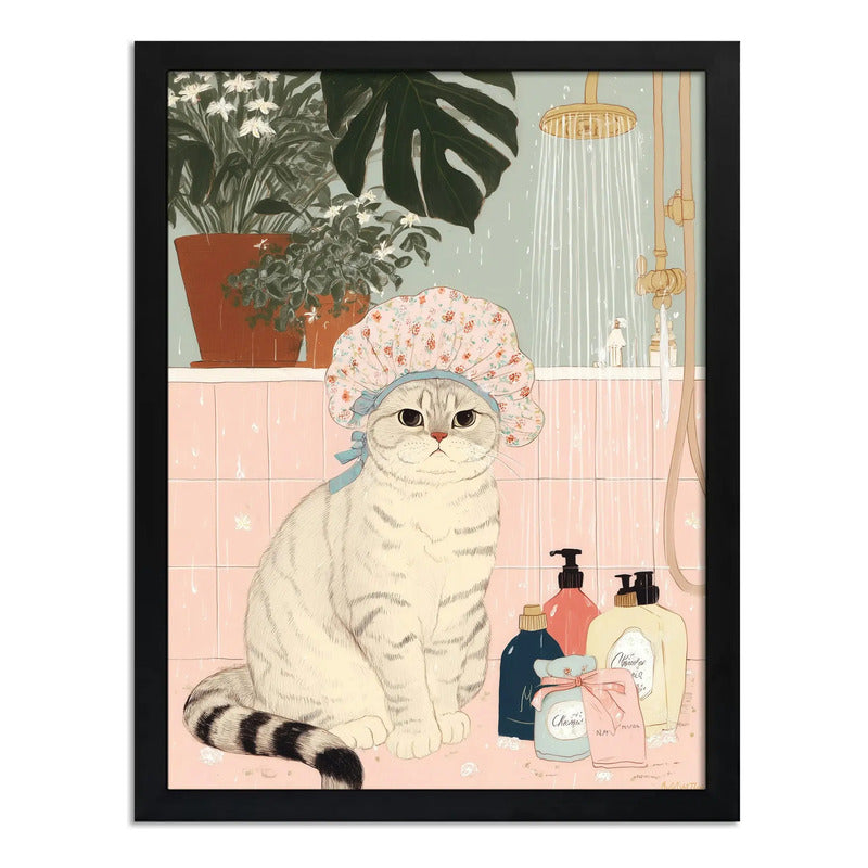 Cuadro Gato En La Rutina Del Baño Banera Flores Decoracion Gato Scottish Fold Gorro Ducha Rosa Negro