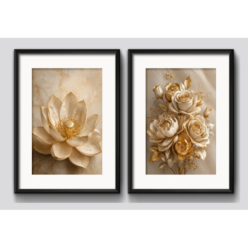 Set 2 Cuadros Flores Loto Rosas Tonos Dorados Con Paspartú 43x33cm Cada Cuadro Negro