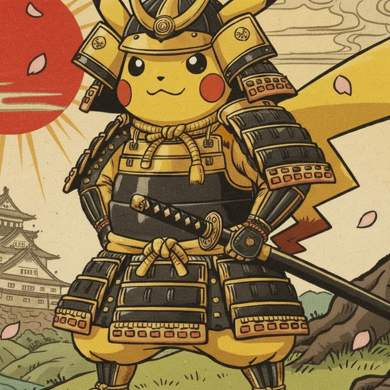 Cuadro Pikachu Samurai Ninja Guerrero Japón Pokemon Anime Marco Negro