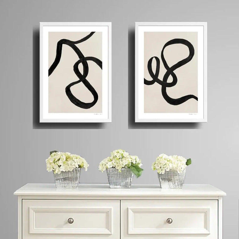 Set 2 Cuadros Lineas Abstracto Tonos Beige Dormitorio Living Marco Blanco