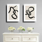 Set 2 Cuadros Lineas Abstracto Tonos Beige Dormitorio Living Marco Blanco