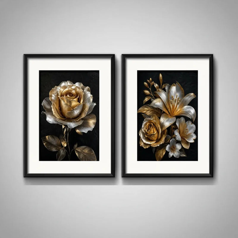 Set 2 Cuadros Flores Tonos Dorados Y Plateados Con Paspartú 43x33cm Cada Cuadro Negro