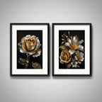 Set 2 Cuadros Flores Tonos Dorados Y Plateados Con Paspartú 43x33cm Cada Cuadro Negro