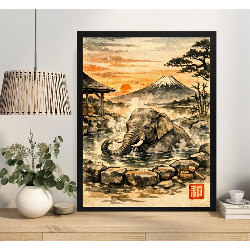 Cuadro Elefante Baño Termal Onsen Arte Japones Coleccion Marco Negro