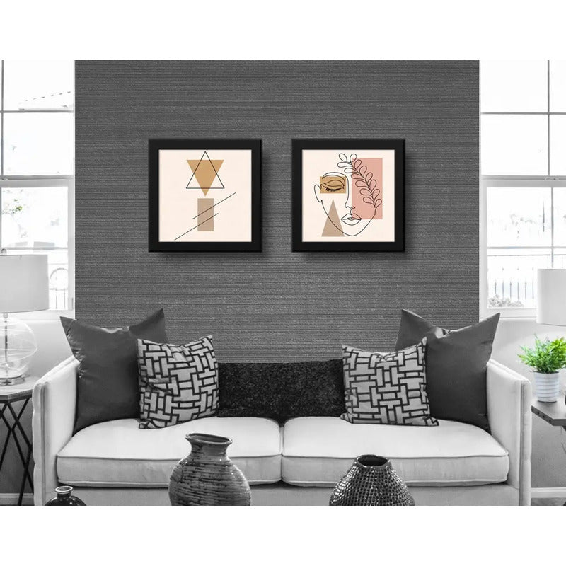 Set 2 Cuadros Rostro Mujer Minimalista Boho Arte - 33x33cm Marco Negro