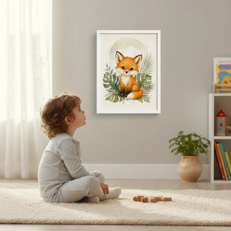 Cuadro Zorro Decoracion Dormitorio Infantil Tonos Suaves Marco Blanco