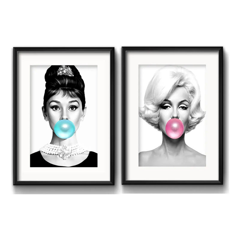 Set 2 Cuadros Monroe Hepburn Blanco Y Negro Chicle Paspartu