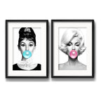 Set 2 Cuadros Monroe Hepburn Blanco Y Negro Chicle Paspartu