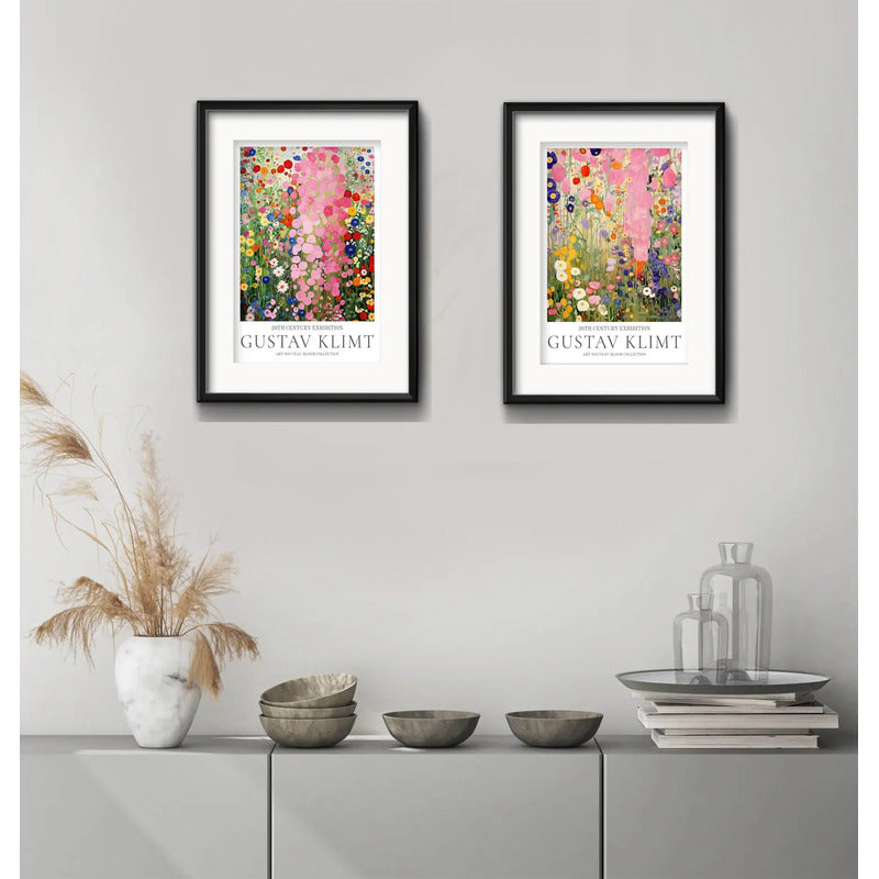 Set 2 Cuadros Gustav Klimt Jardín De Flores Bs1 Con Paspartú Marco Negro