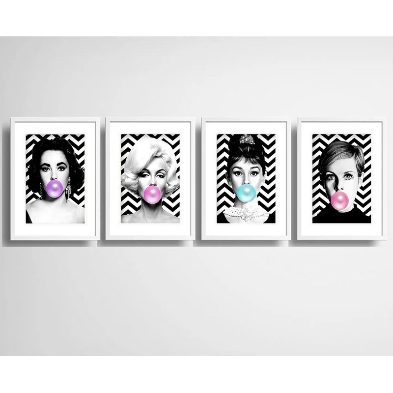 Set 4 Cuadros Marilyn Audrey Twiggy Taylor Chicle Paspartú