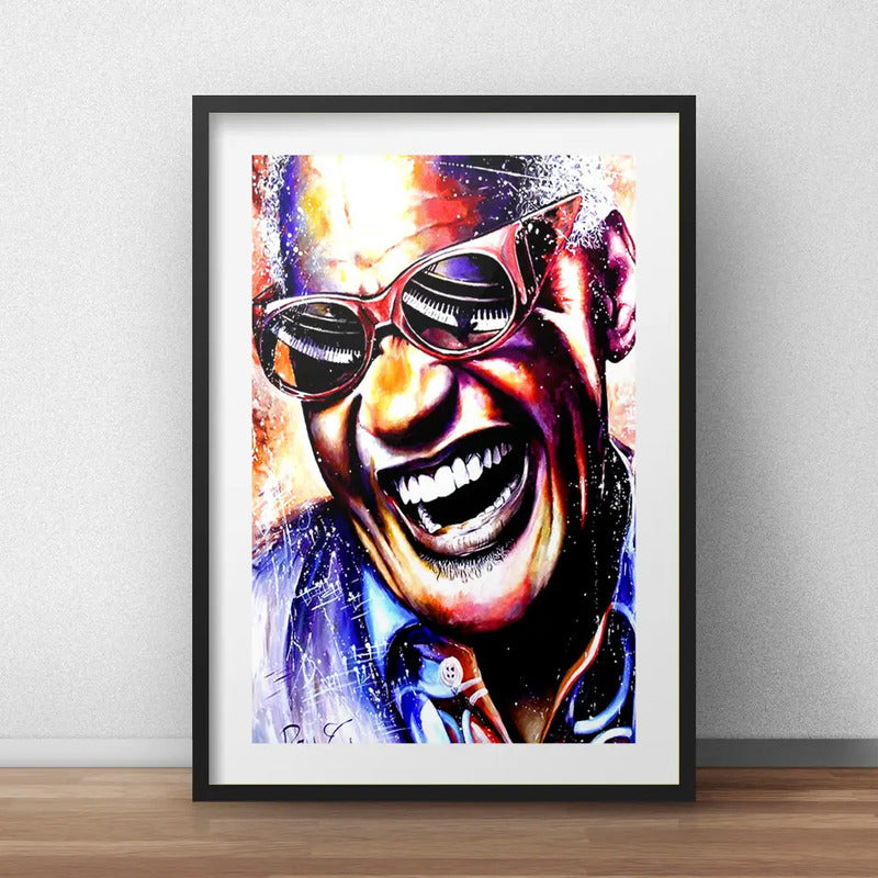 Cuadro Ray Charles Pop Art Colores R&b Piano B2 Con Paspartú Marco Negro
