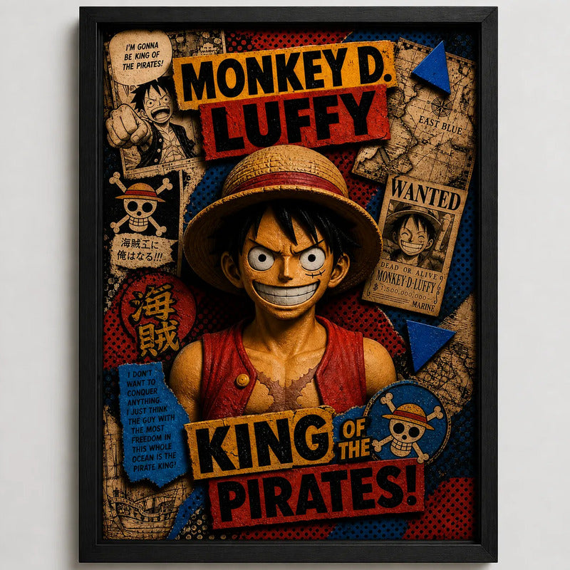 Cuadro Luffy One Piece Wanted Monkey Anime Mangá Efecto 3d Marco Negro