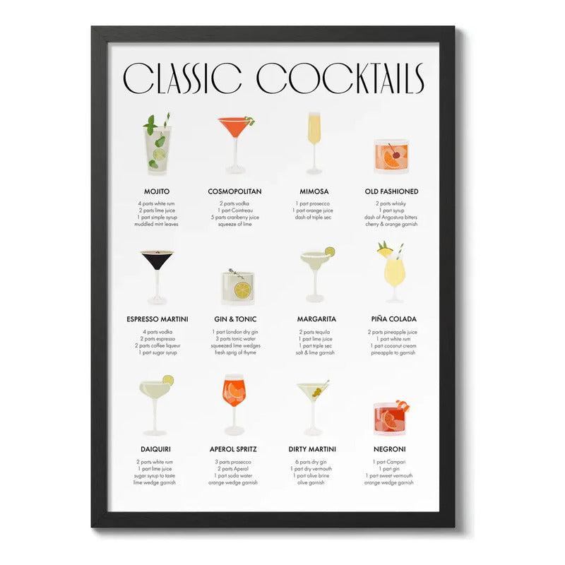 Cuadro Classic Cocktails Drink Art Cocina Bar Pub Decoracion Marco Negro
