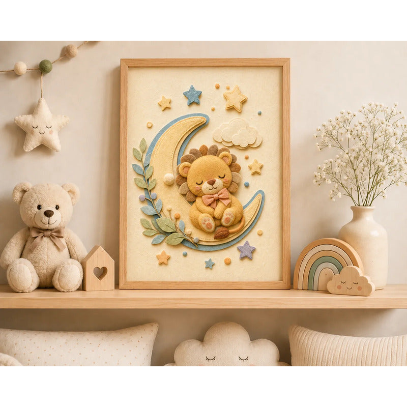 Cuadro Dormitorio Infantil Bebe Leon Luna Estrella Efecto 3d Marco Madera Oak Madera Clara
