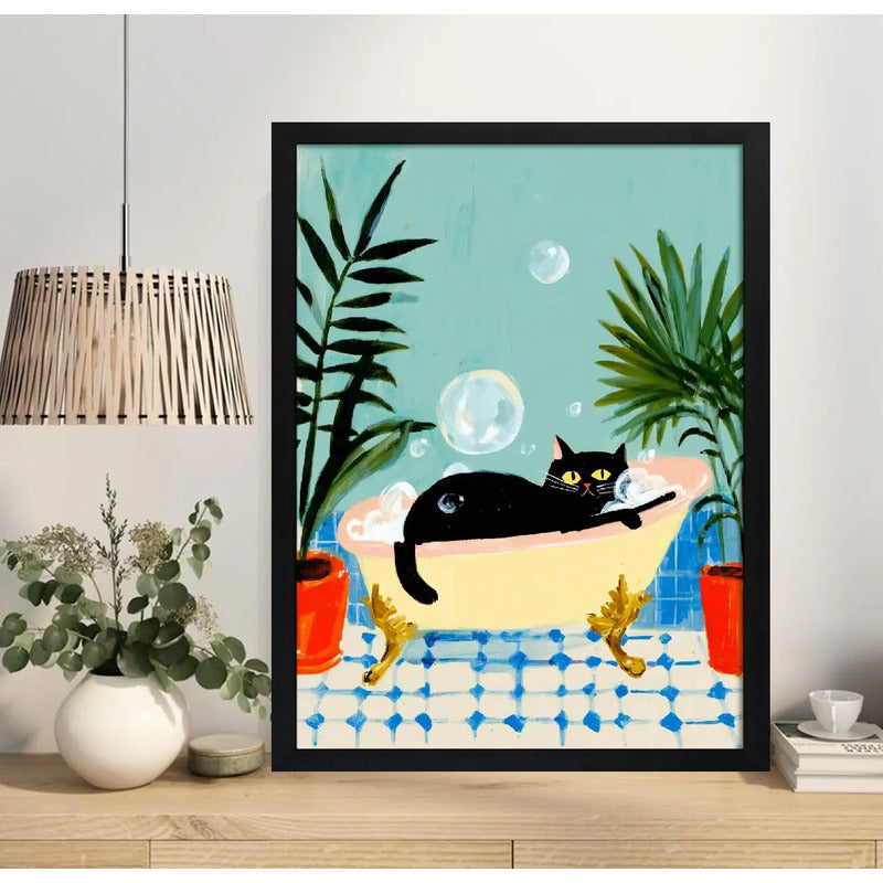 Cuadro Bano Gato Negro Banera Spa Botanico Plantas Arte Marco Negro