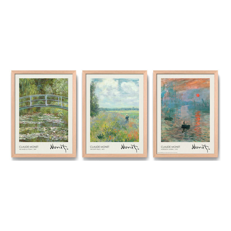 Set 3 Cuadros Living Dormitorio Claude Monet Obras Clásicas Marco Marrón Claro