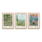 Set 3 Cuadros Living Dormitorio Claude Monet Obras Clásicas Marco Marrón Claro