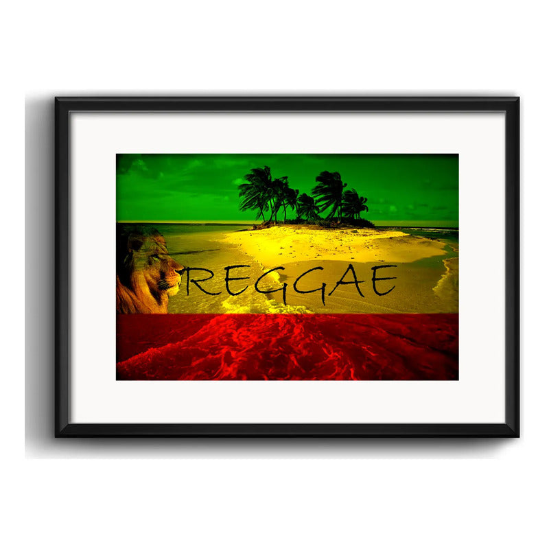 Cuadro Reggae Jamaica León Musica Playa Vintage Con Paspartu Marco Negro