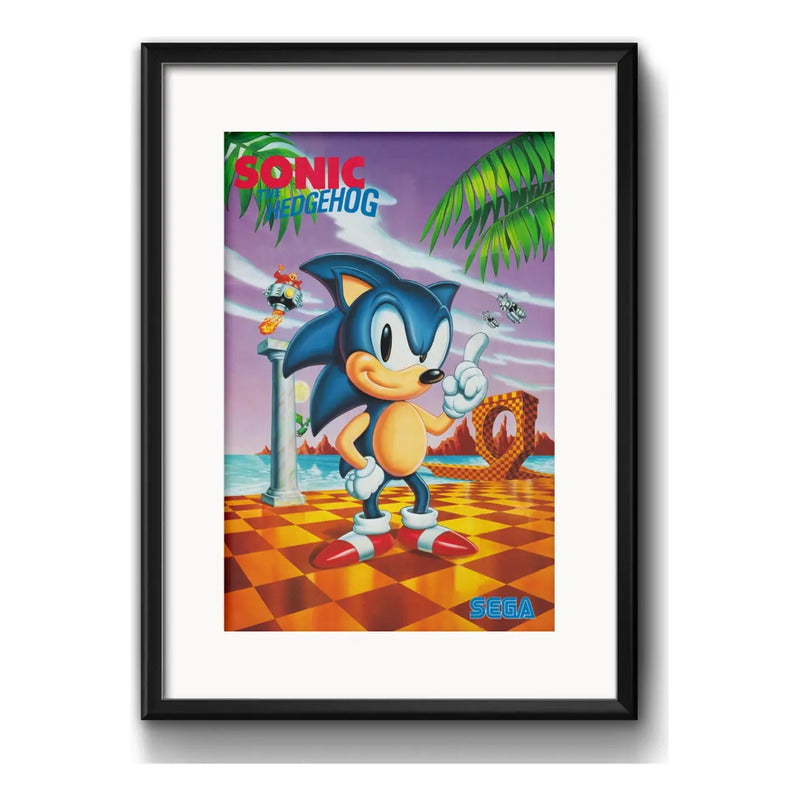 Cuadro Sonic Juego Retro Sega Game Decoracion Con Paspartú Marco Negro