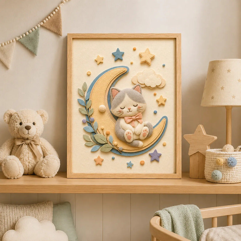 Cuadro Dormitorio Infantil Bebe Gato Luna Estrella Efecto 3d Marco Madera Oak Madera Clara