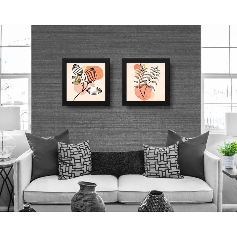 Set 2 Cuadros Boho Chic Hojas Flor Arte Decoracion - 33x33cm Marco Negro