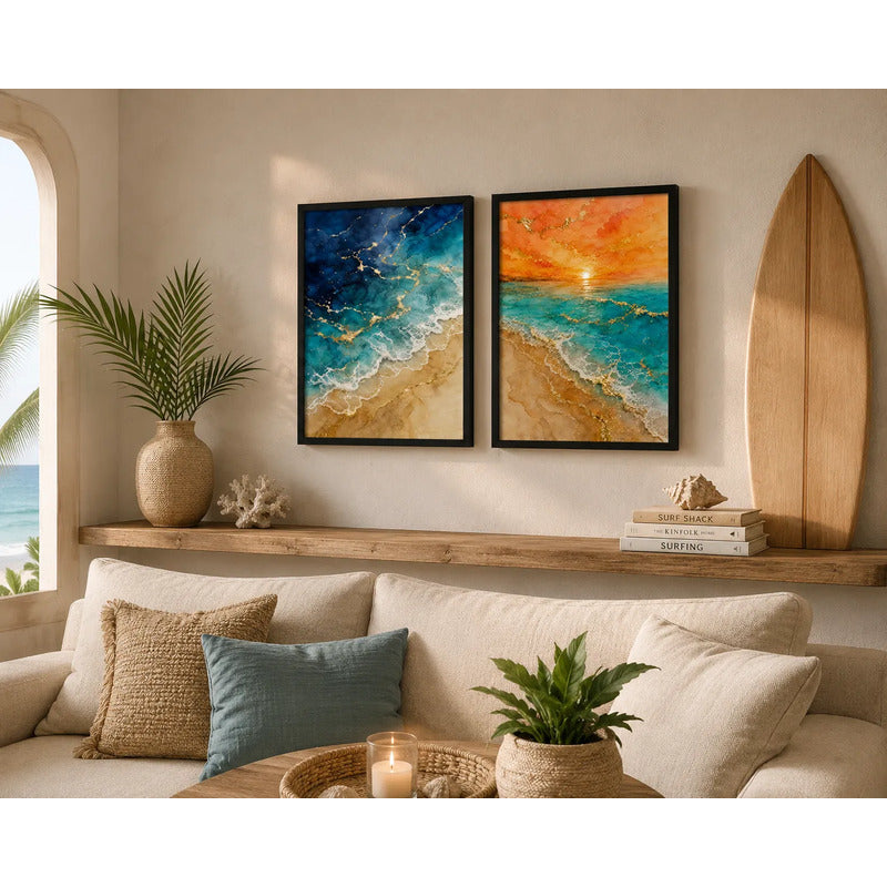 Set 2 Cuadros Living Dormitorio Paisajes De Playa Surf Brs1 Marco Negro