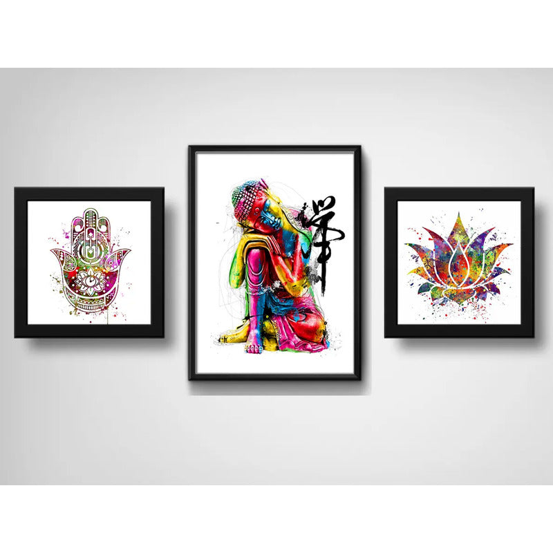 Set 3 Cuadros Buda Flor De Loto Hamsa Pop Art Zen Feng Shui