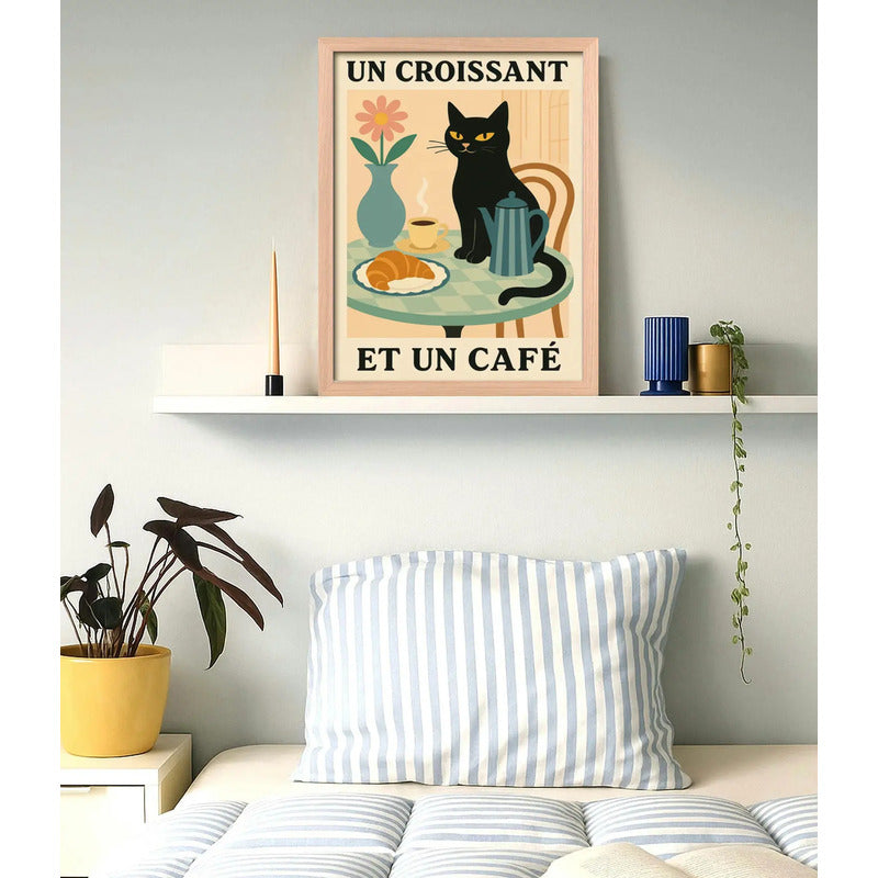 Cuadro Gato Negro Café Croissant Medialuna Gatito Marco Oak Marco Marrón Claro