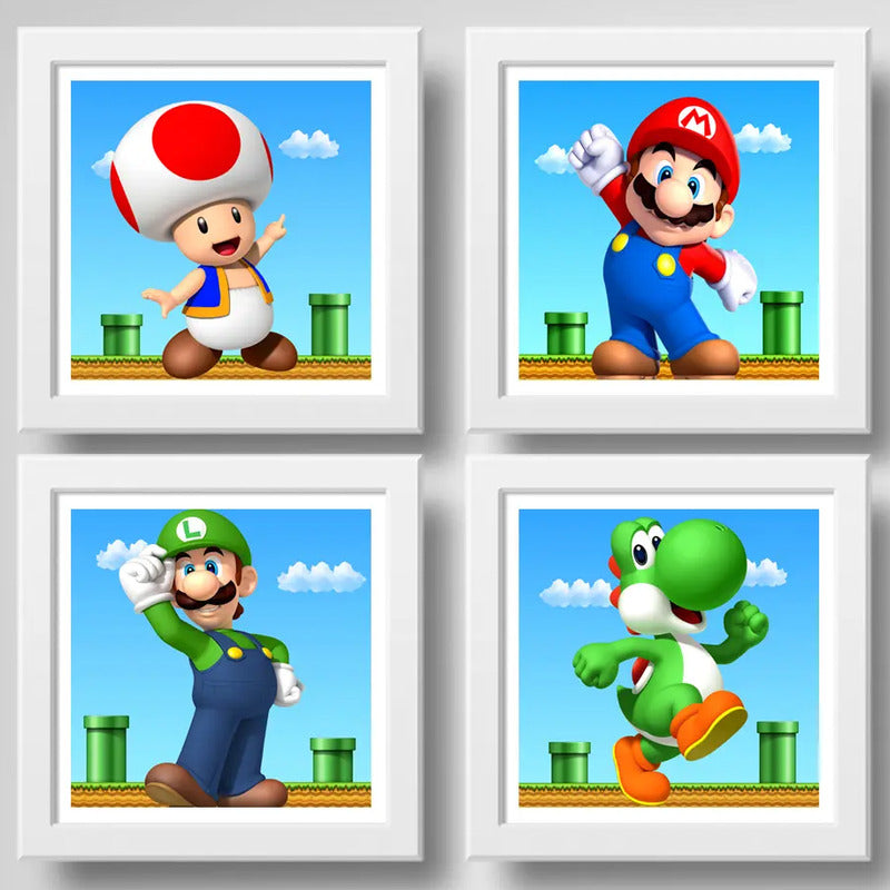 Set 4 Cuadros Mario Bros Luigi Toad Yoshi Game Decoracion